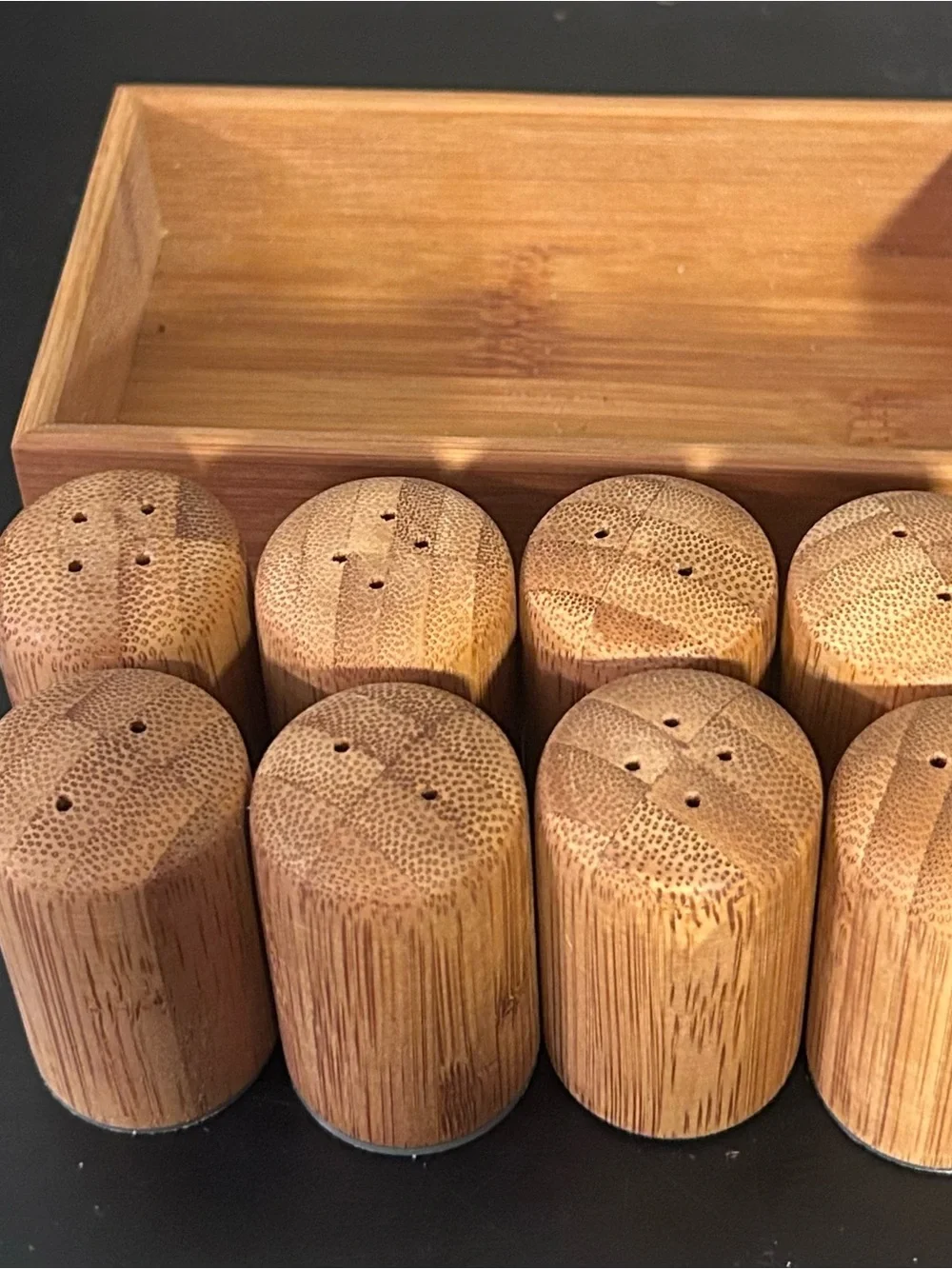 8 Pc Bamboo Salt Pepper Shaker Set w/ Storage Tray Refillable Kitchen Table